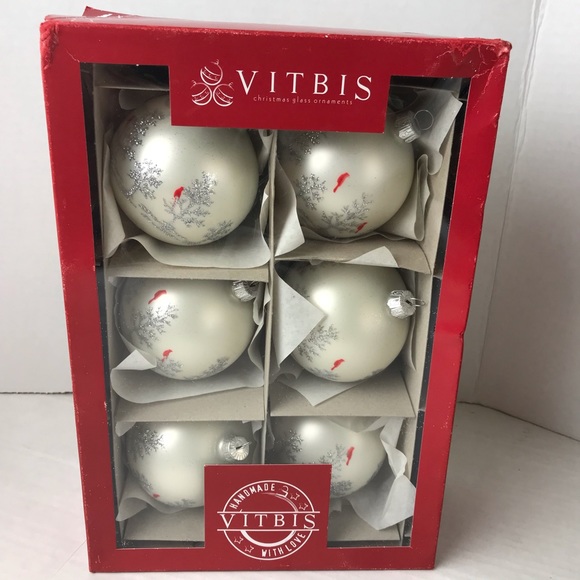 VINTAGE VITBIS Red Robin i& Silver Trees Satin Finished Glass Ball Ornaments Box - Picture 2 of 7